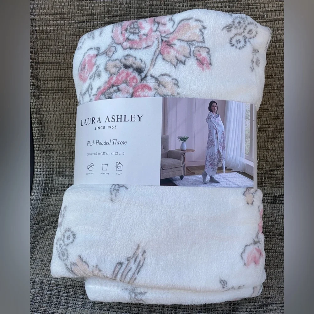 LAURA ASHLEY Pink Flowers Polyester Soft Plush Hooded Throw Blanket 50